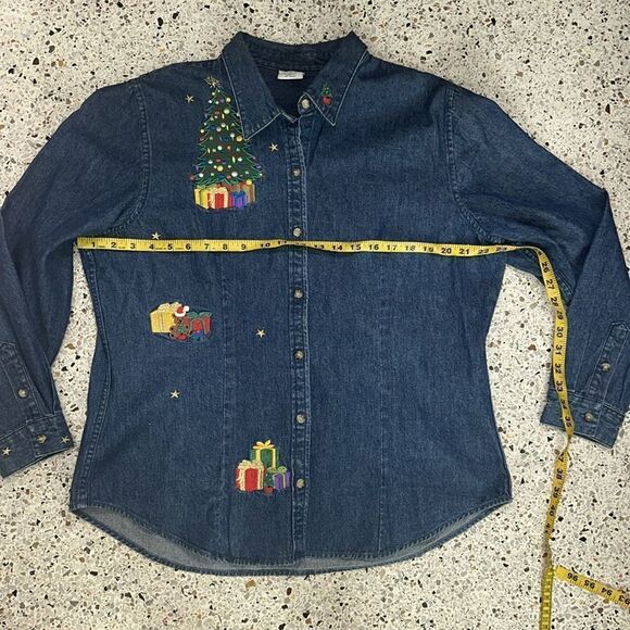 Jean denim Christmas holiday button up down shirt XL embroidered XL cotton - Picture 6 of 7